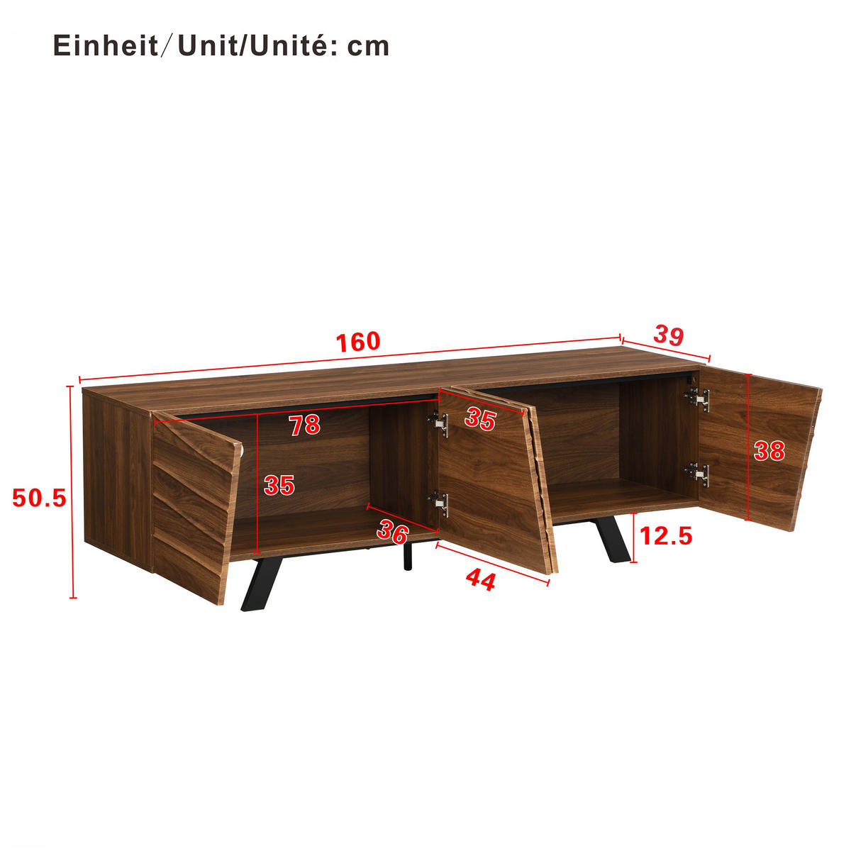 LOWBOARD aus MDF 160x39x50,5 cm Walnussfarben mit Kabelmanagement und Stauraum, Wellenfront - Walnussfarben, Holzwerkstoff (160/50.5/39cm) - Modfu