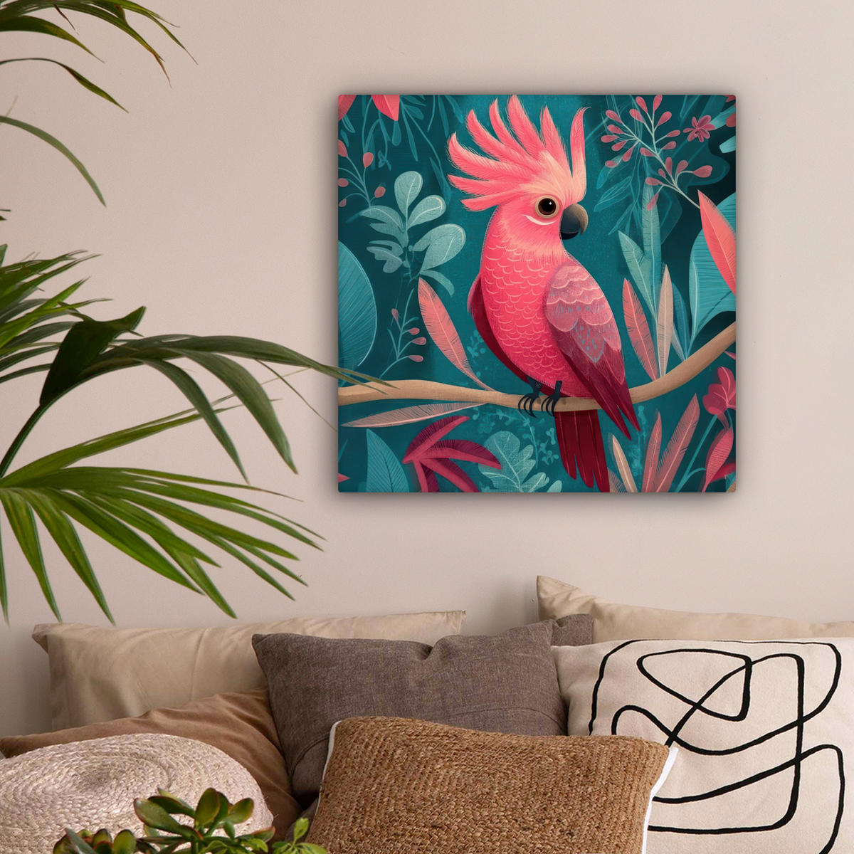 LEINWANDBILD Kakadu - Tropische Blätter - Zweig Wandbild Wohnzimmer 50x50 cm - Petrol, Textil (50/50cm) - MuchoWow