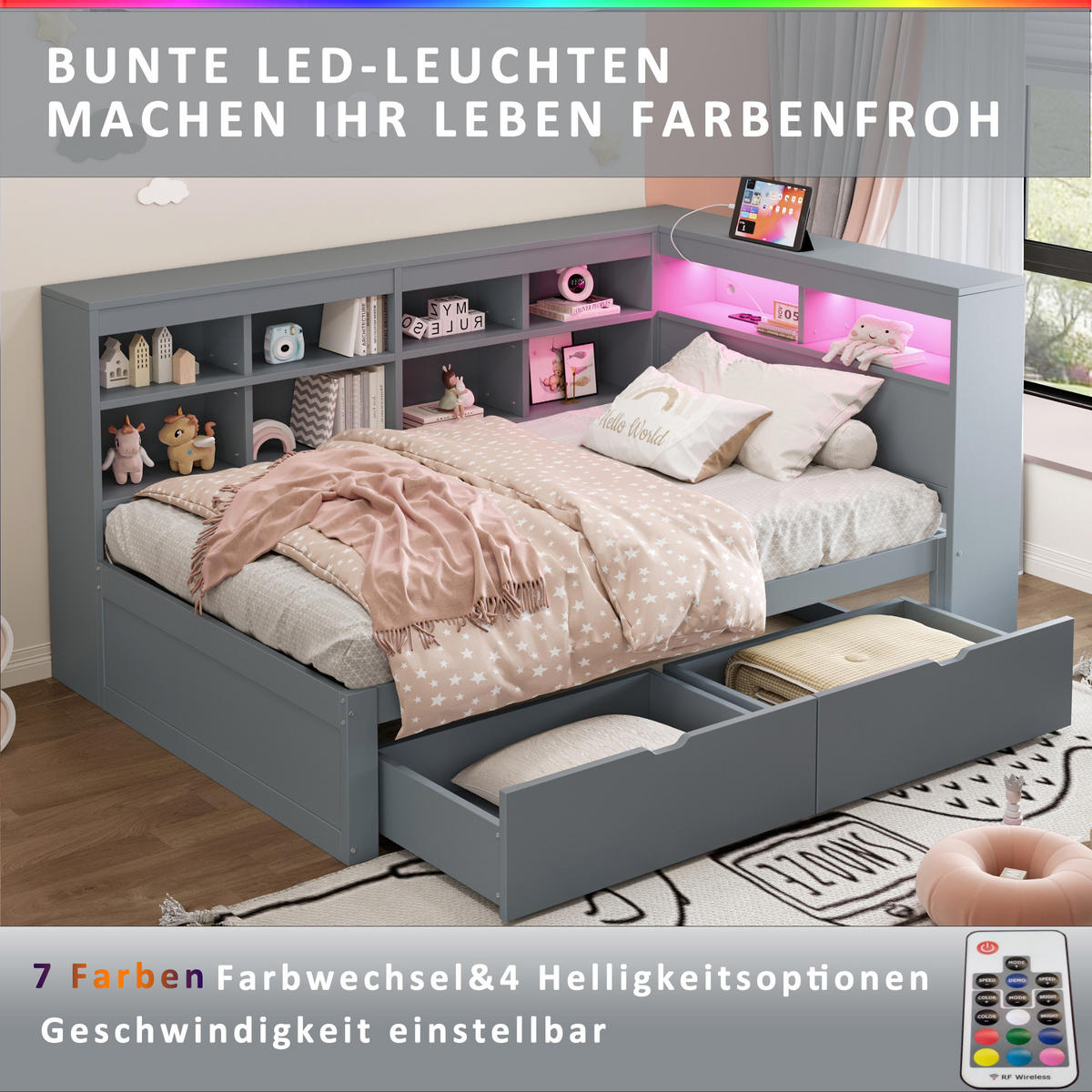 POLSTERBETT 90x200 cm LED USB grau - Grau, Holz (90/200cm) - LEBENLANG