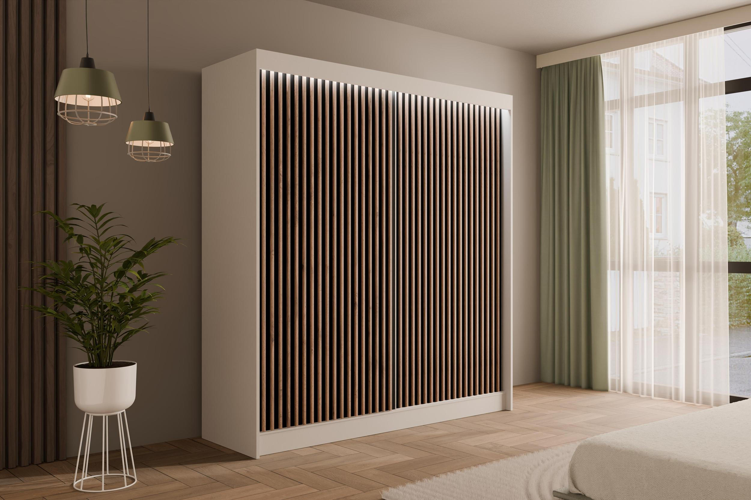 KLEIDERSCHRANK mit LED, Lamel-Schiebetüren VILANv2 - 200 cm Weiß + Lamelle Eiche Wotan - Eiche Wotan/Weiß, Holzwerkstoff (200/215/61cm) - ALTDECOR
