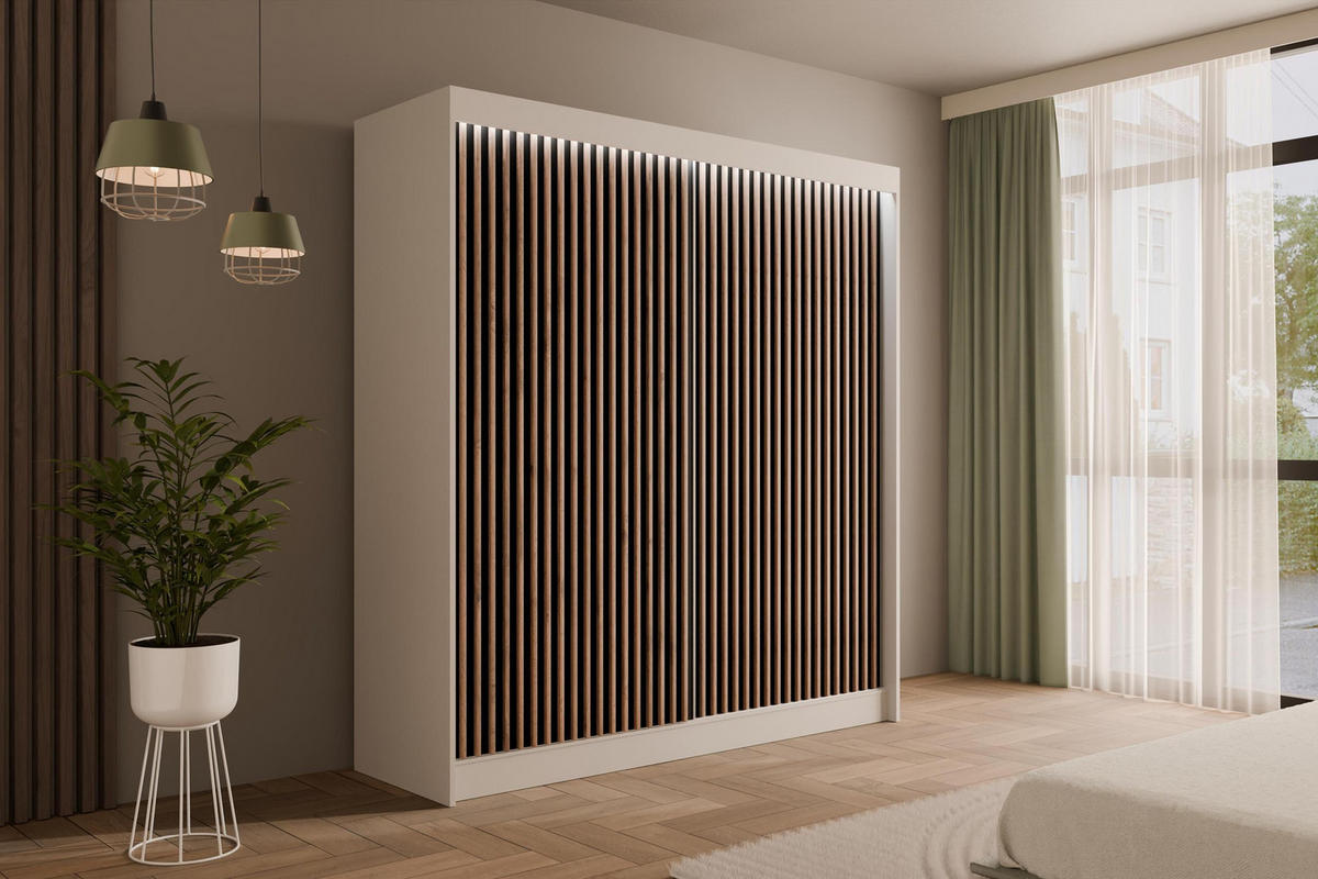 KLEIDERSCHRANK mit LED, Lamel-Schiebetüren VILANv2 - 200 cm Weiß + Lamelle Eiche Wotan - Eiche Wotan/Weiß, Holzwerkstoff (200/215/61cm) - ALTDECOR