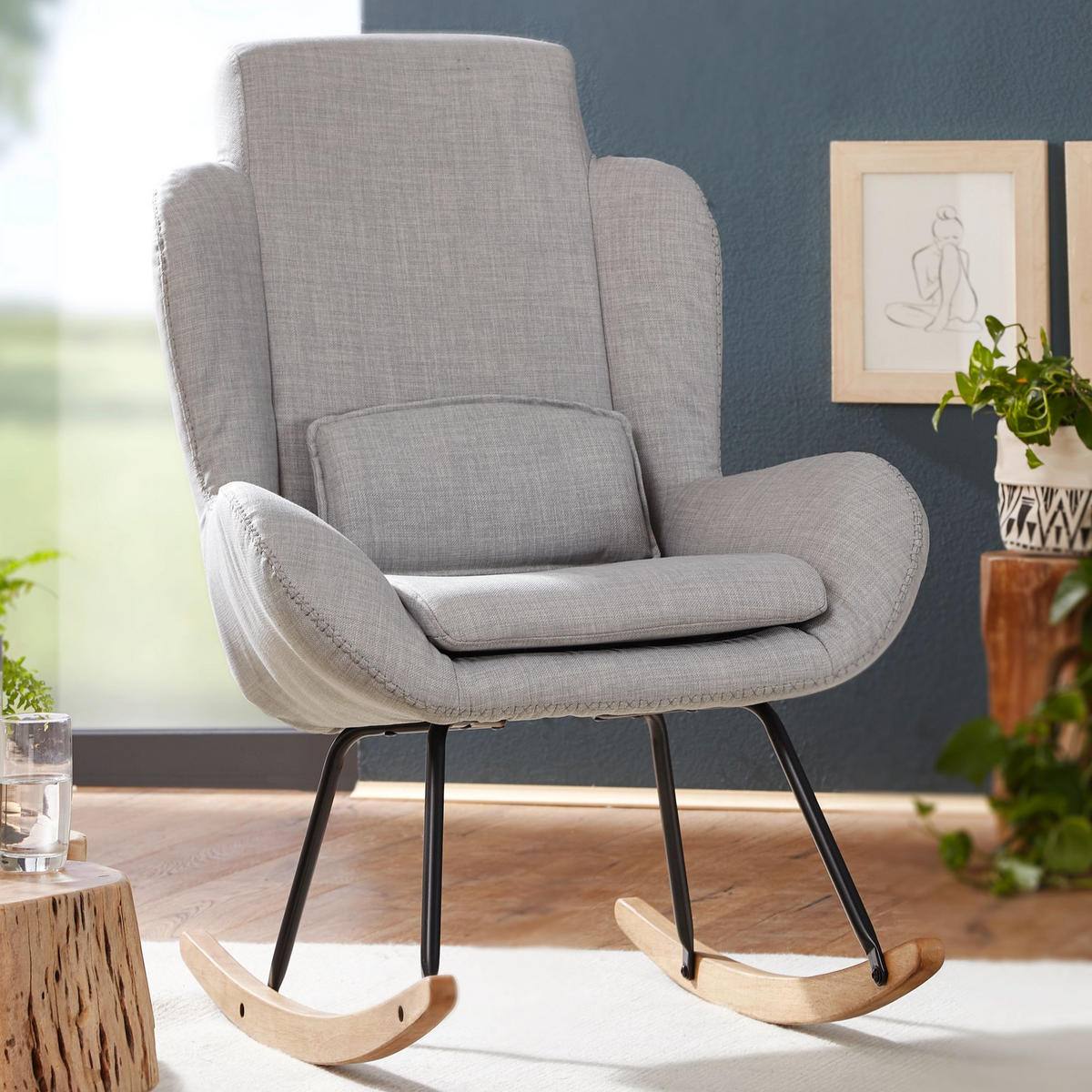 SCHAUKELSTUHL Gummibaumholz Hohe Lehne Abnehmbare Polsterung LAVANT, Anthrazit 75x88x110 cm - Anthrazit/Schwarz, Holz/Textil (75/110/88cm) - KADIMA DESIGN