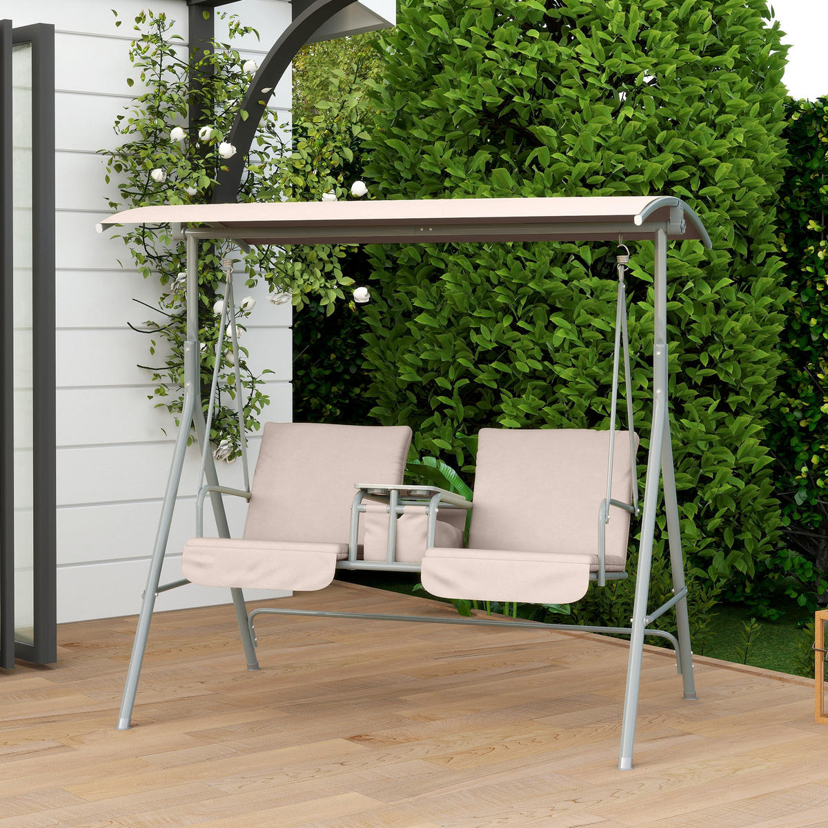 HOLLYWOODSCHAUKEL DE-07099 2-Sitzer, verstellbares Sonnendach, bis 180 kg Beige - Beige, Metall (175/158/112cm) - ComfortXL
