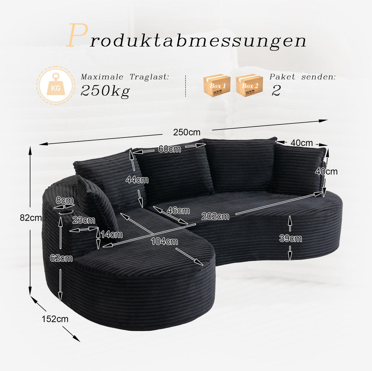 SOFA im Bogendesign 250 x 152 cm Corduroy Black - Schwarz, Textil (152/250cm) - Meubliv