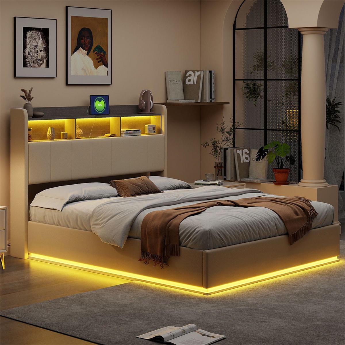 POLSTERBETT 140x190cm - Doppelbett mit RGB-LED-Beleuchtung am Kopfteil und Unterboden Stauraum-Kopfteil - Beige - Beige, Textil (140/190cm) - DELFA