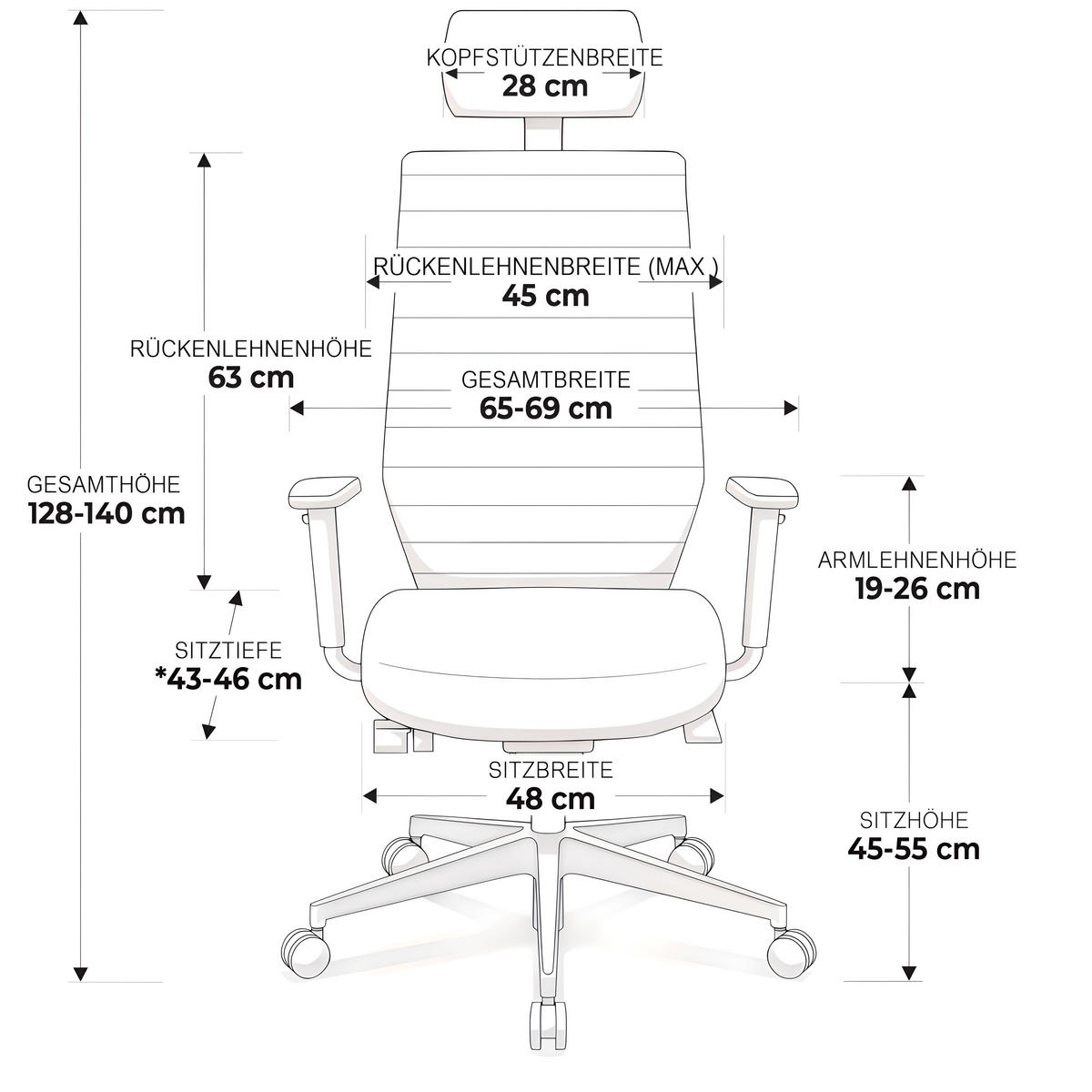 CHEFSESSEL V1301 Stoff Schwarz - ergonomisch, 150 kg belastbar, Sitzhöhe 45-55cm - Schwarz, Kunststoff/Textil (65/128/69cm) - Versee