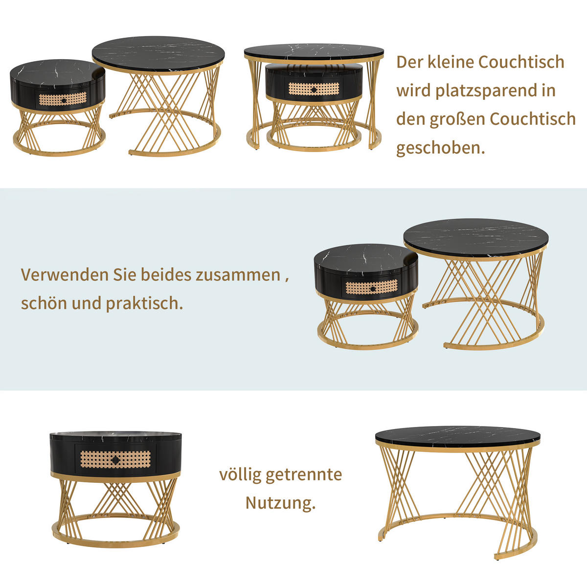 COUCHTISCH 2er Set Rattan Marmoroptik - Schwarz, Holz (70/70/45.5cm) - LEBENLANG