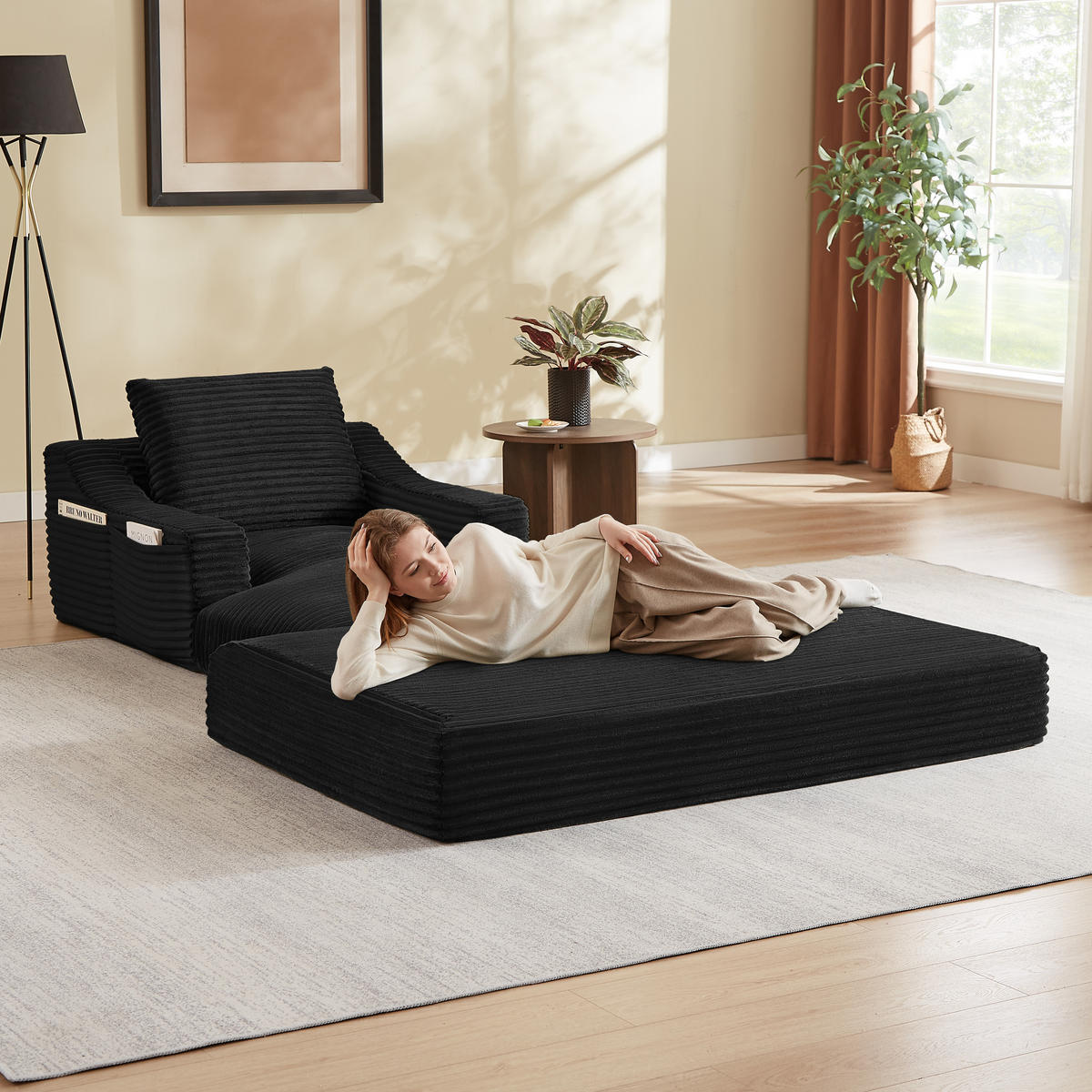 SOFA Cord Schwarz ausziehbar - Schwarz, Textil (100/68/162cm) - WISHDOR