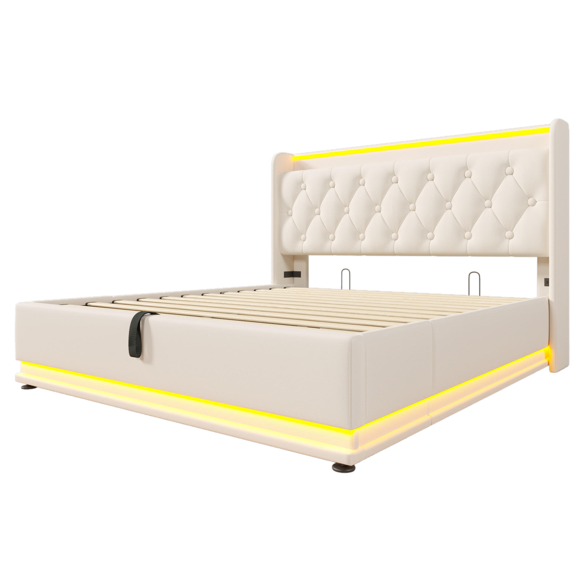Modfu ČALOUNĚNÁ postel z PU 140x200 cm bílá s LED osvětlením, USB, USB-C a hydraulickým úložným prostorem, s matrací