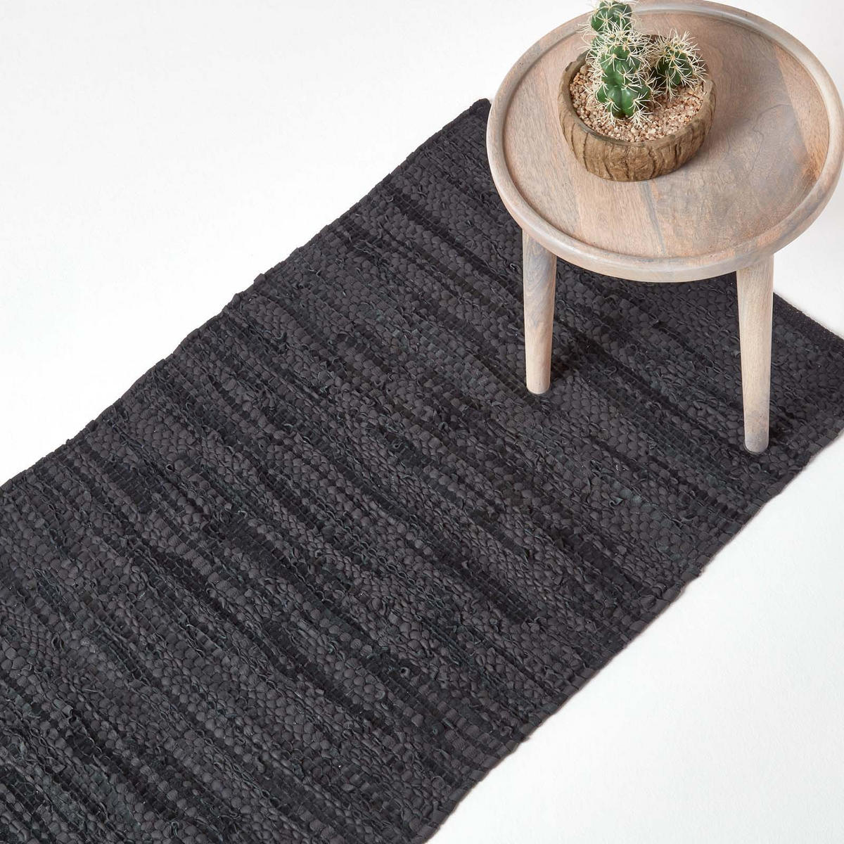 LEDER-TEPPICHLÄUFER Denver gewebt 66/200 cm - Schwarz, Leder (66/200cm) - Homescapes