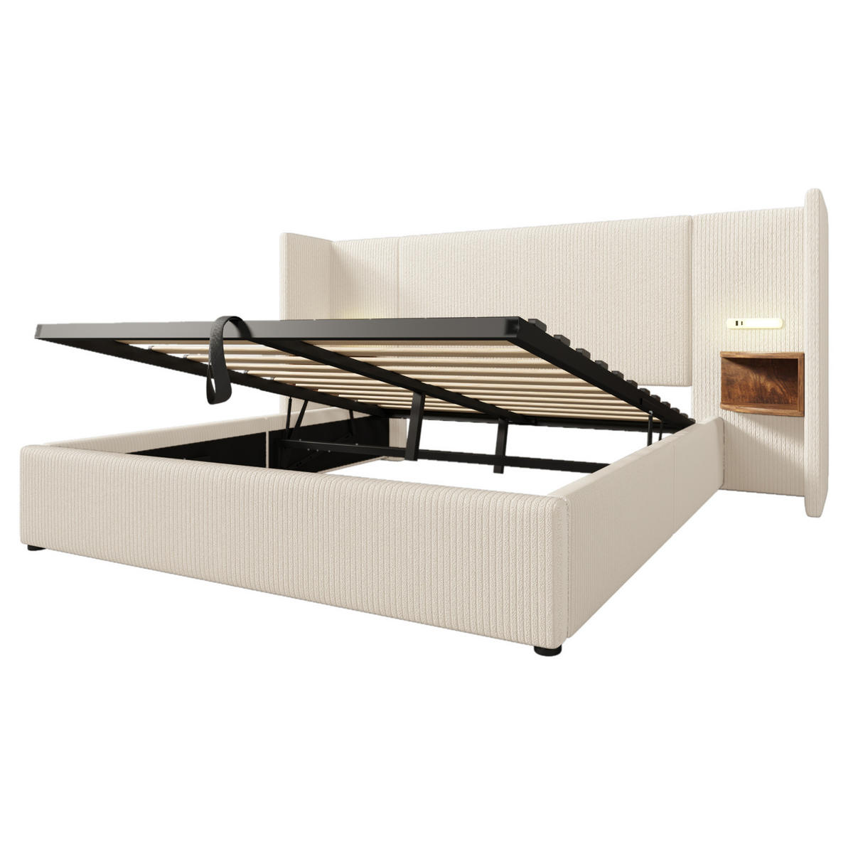 POLSTERBETT 160/200 cm Beige-Weiß mit Stauraum und Leselampe aus Cordstoff - Weiß, Textil (160/200cm) - OKWISH