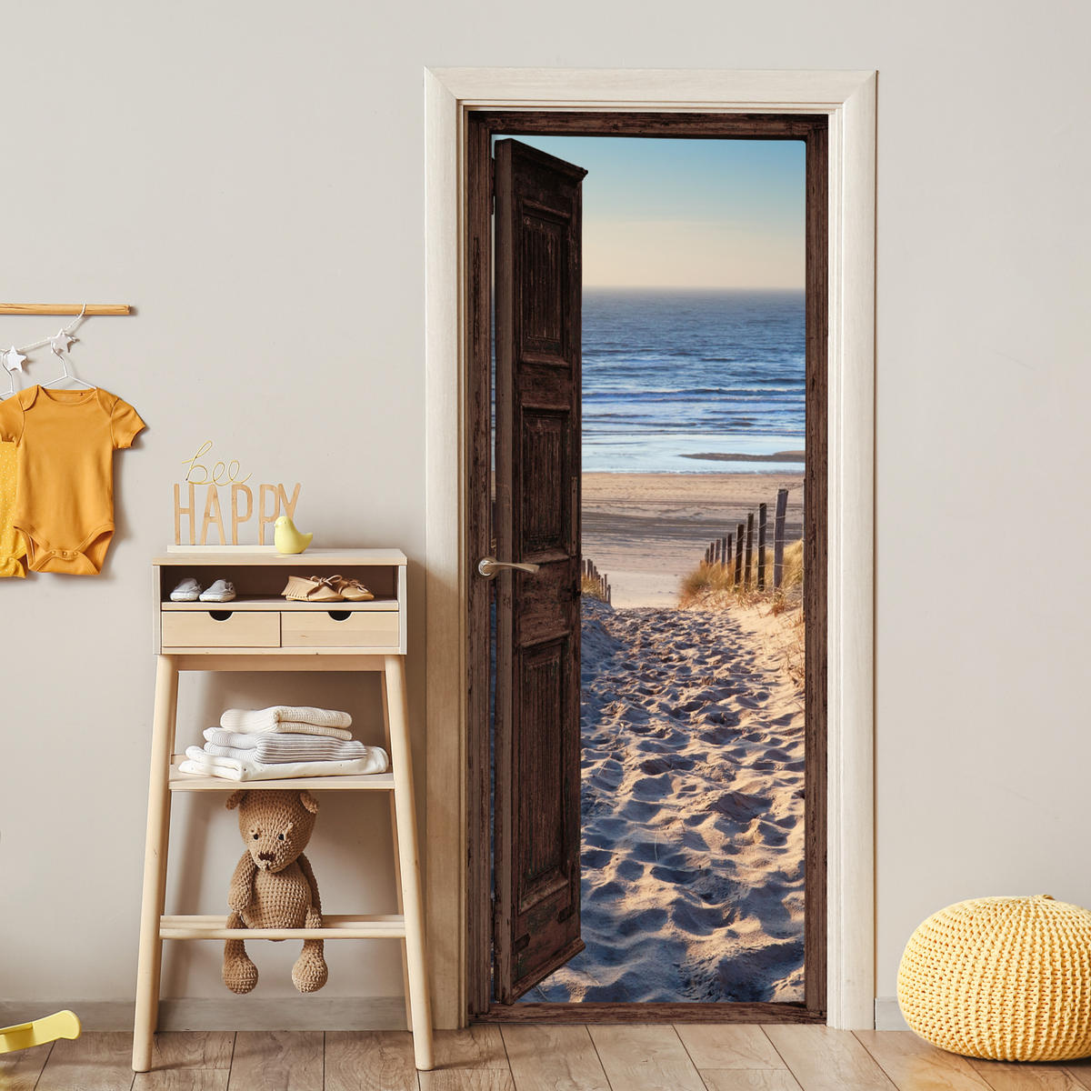 TÜRAUFKLEBER Selbstklebend - Fensterblick - Strand - Meer - Weg - Dünen 95x215 cm - Türtapete - Sandfarben, Kunststoff (95/0.1cm) - MuchoWow