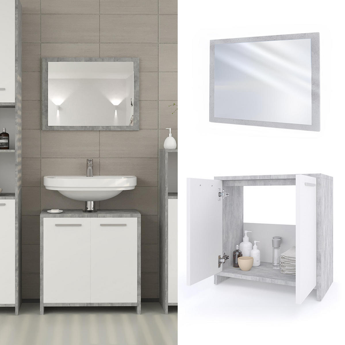 BADMÖBEL-SET Kiko Beton 2 Teile - Schieferfarben/Weiß, Holzwerkstoff (58/60/33cm) - Vicco