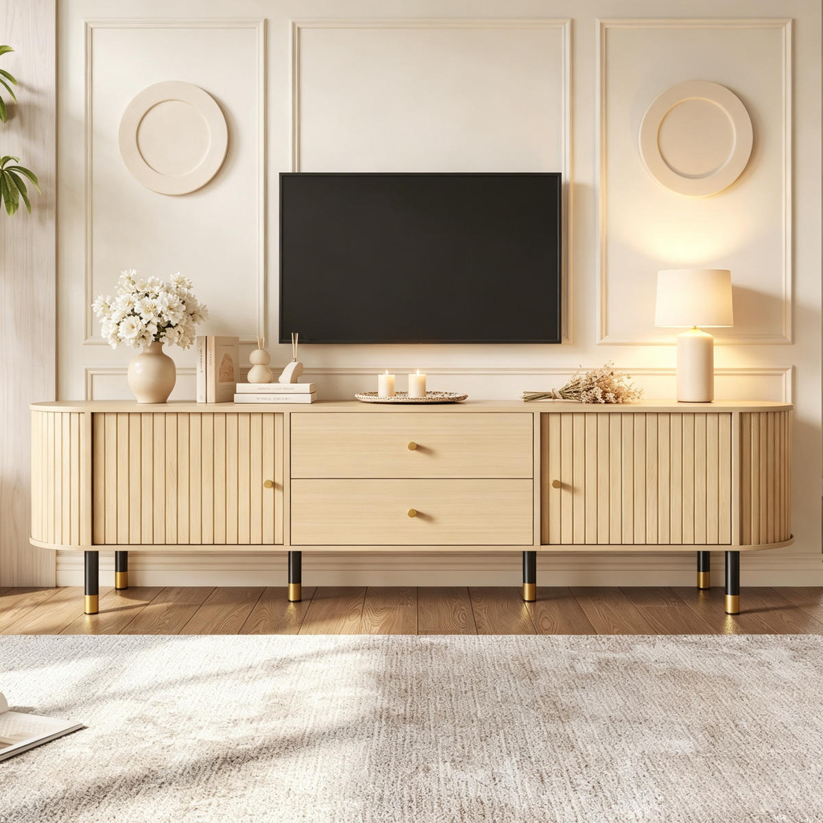 TV-ELEMENT180X40X58CM mit Schiebetüren und Schubladen in Naturfarbenholzoptik - Naturfarben, Holz (46.51/18.01/75.79cm) - Raelunyi