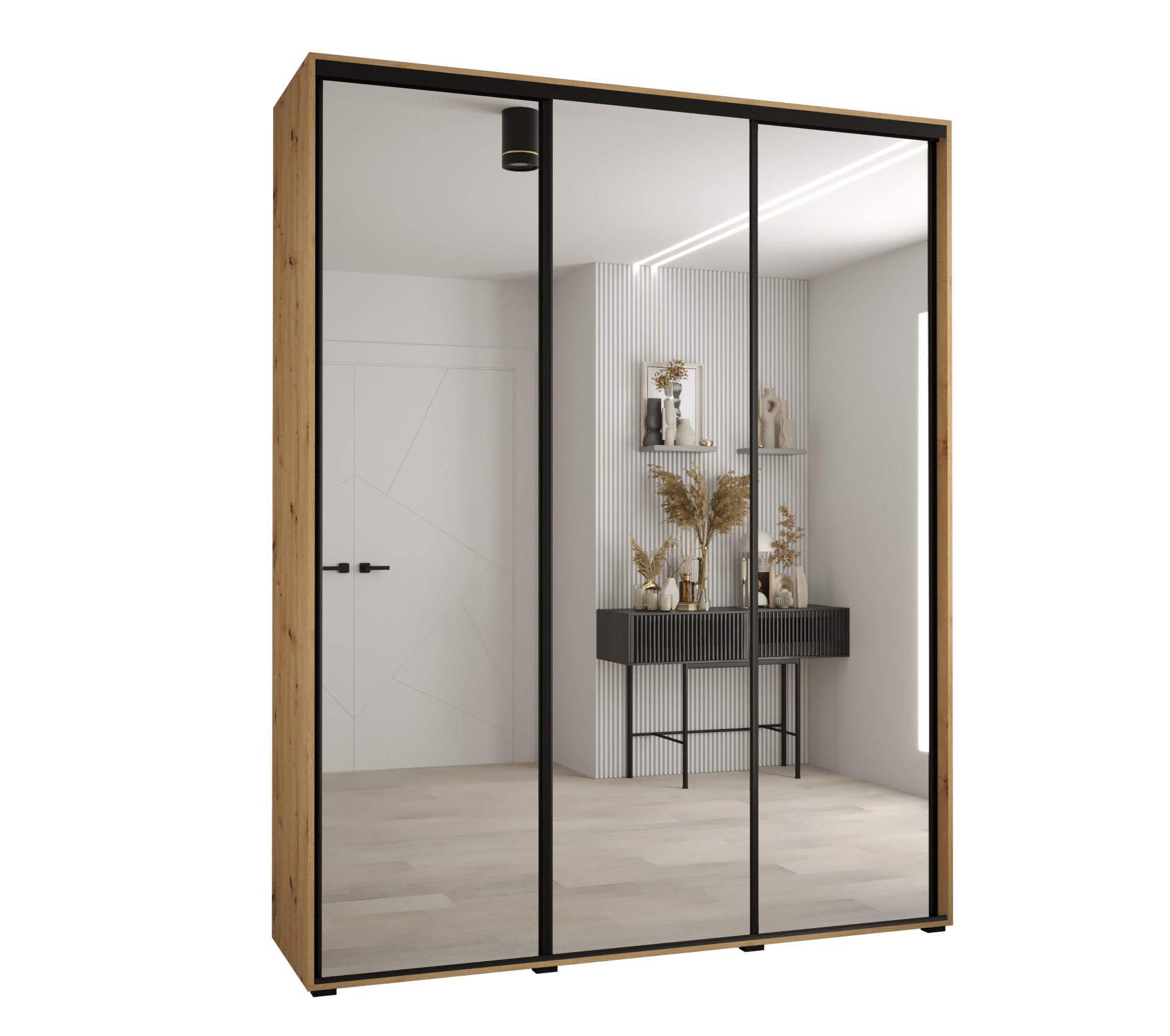Abiks Möbel Schwebetürenschrank Eiche Artisan, Eiche Artisan, Schwarz 200x235x45 cm