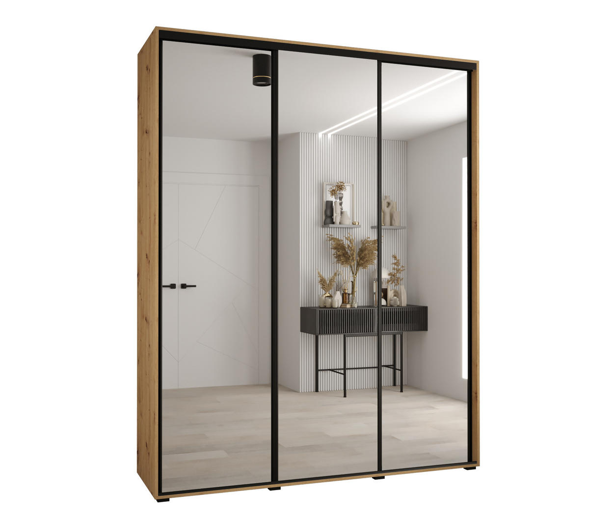 SCHWEBETÜRENSCHRANK 235,2/200/60 3-türig - Schwarz/Eiche Artisan, Holz/Metall (200/235/60cm) - Abiks Möbel