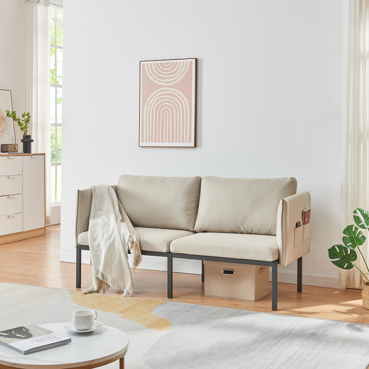 2-SITZER-SOFA Kamar - Beige, Holz/Textil (158/69/63.5cm) - [en.casa]