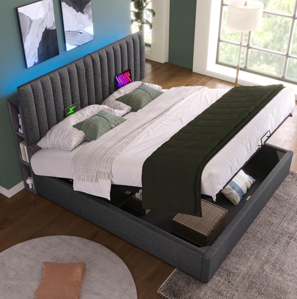 ČALÚNENÁ posteľ z ľanu 160x200 cm sivá s LED osvetlením, USB a Type C, úložným priestorom - sivá, textil (160/200cm) - Modfu