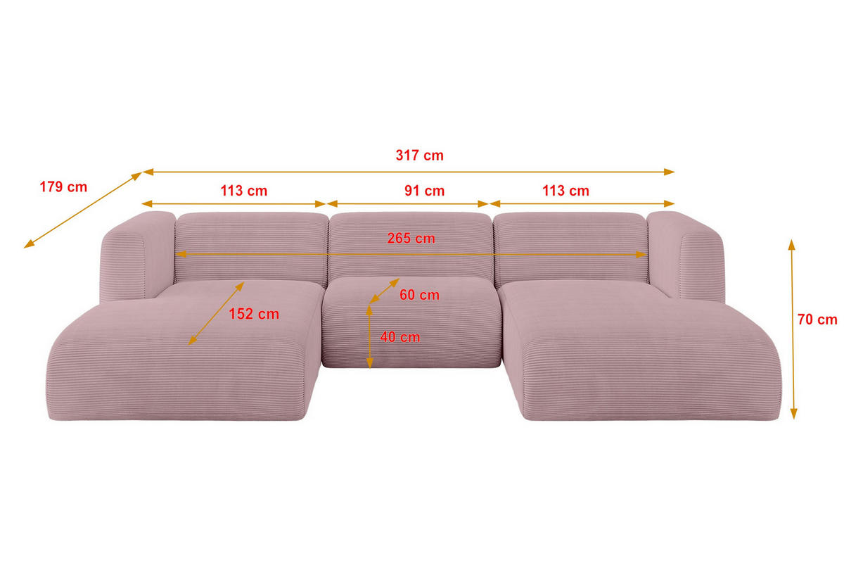 WOHNLANDSCHAFT MIRA-U1 317x179x70 Rosa Cord - Schwarz/Rosa, Holzwerkstoff/Kunststoff (317/70/179cm) - ALTDECOR