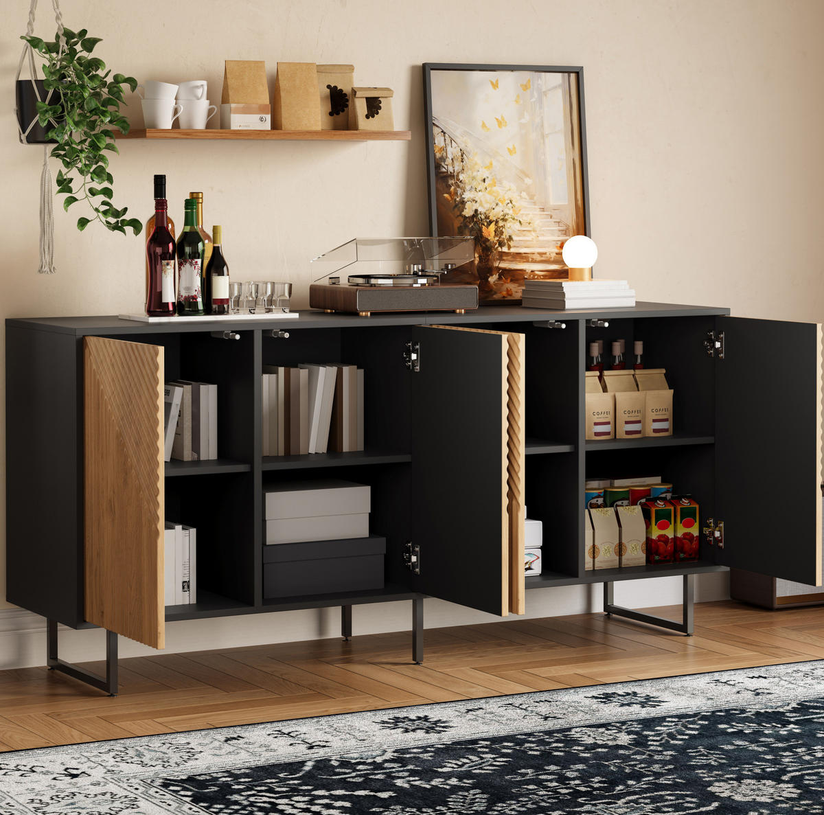 SIDEBOARD 160/40/75 cm naturfarben-schwarz aus Spanplatte mit 4 Türen - Naturfarben, Holzwerkstoff (160/75/40cm) - OKWISH