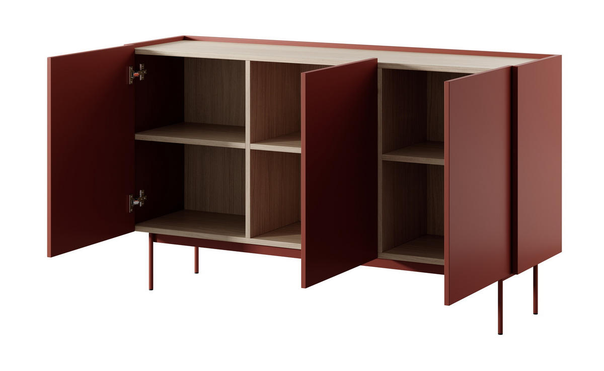 KOMMODE 144 cm Laris - Beinen, 3 Türen, Rot - Rot, Holz (144/83/37cm) - Emporius