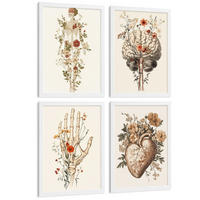 POSTER Set aus 4 Anatomie Mensch Dekorative Drucke und Wandbilder mit Blumen Ganzkörper Gehirn Hand und Herz Stil Größe Weißer Rahmen A3 - Weiß, Papier (29.7/42/3cm) - Nacnic
