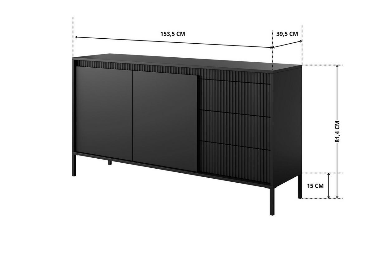 SIDEBOARD Ferrato B 153 cm Schwarz - mit 2 Türen und 3 geriffelten Schubladen rechts - Schwarz, Holz/Holzwerkstoff (153/81/39cm) - Ravio