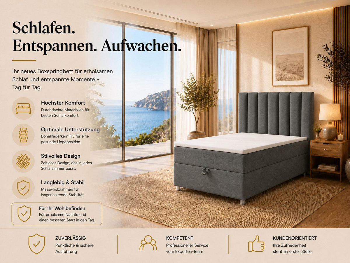BOXBETT mit Bettkasten Trinity K-10 SINGLE Bonellfederkern inkl. Topper - Graphitfarben, Holz/Holzwerkstoff (100/200cm) - Best For Home