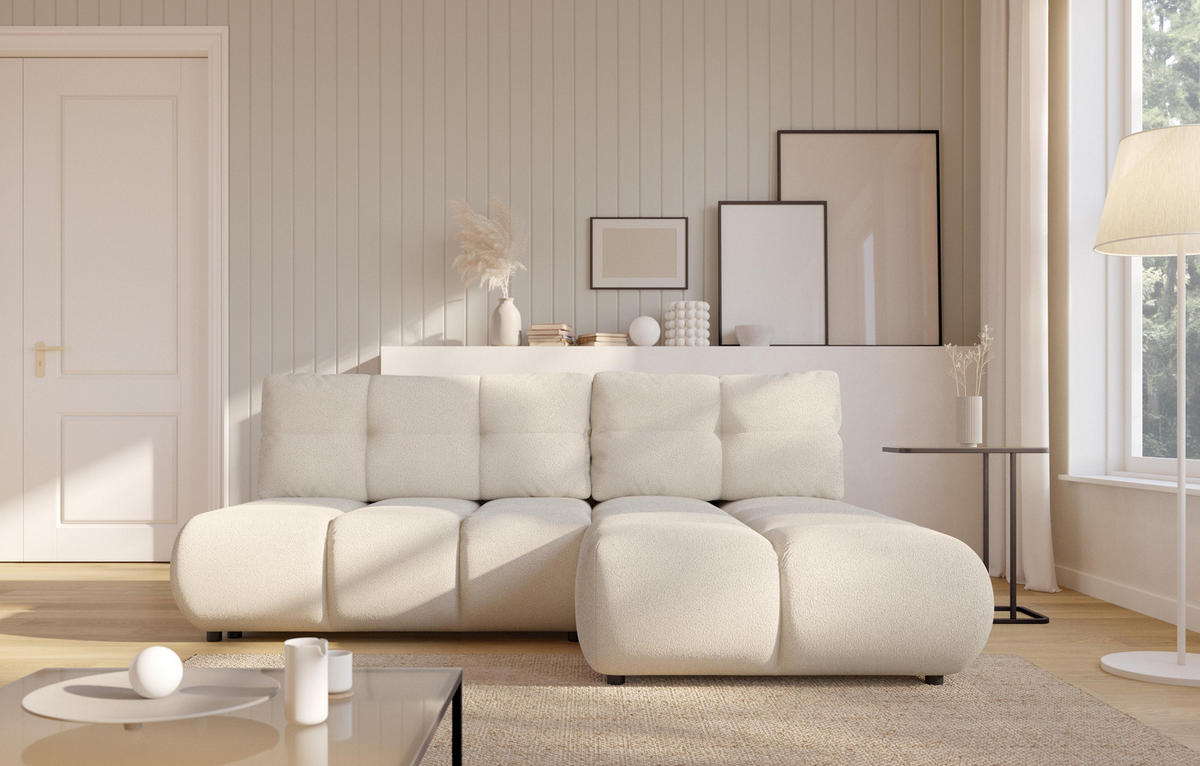 ECKSOFA CORSO R-S Beige Boucle-Stoff mit Schlaffunktion - Beige, Holz (230/177cm) - MASSENO