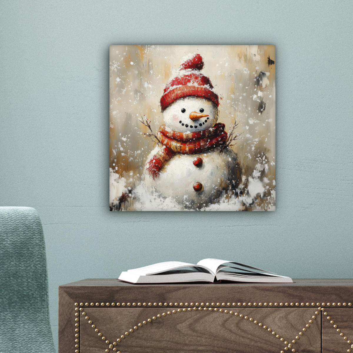 LEINWANDBILD Schneemann - Winter - Schnee - Beige 20x20 cm - Weiß, Textil (20/20cm) - MuchoWow