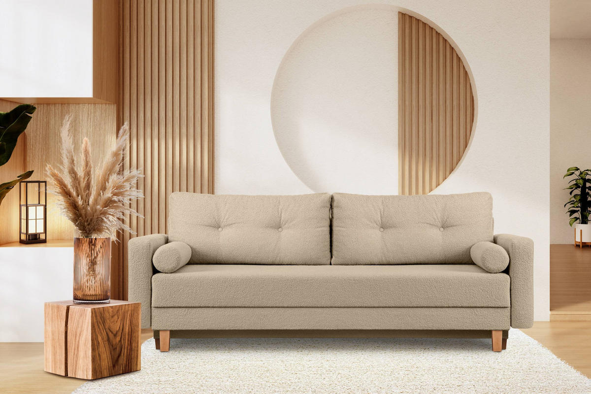 3-SITZER-SCHLAFSOFA ERISO mit weiche Sitzfläche und hohe Rückenlehne, Bouclé-Stoff, hellbeige - Beige/Creme, Textil (220/80/100cm) - KONSIMO®