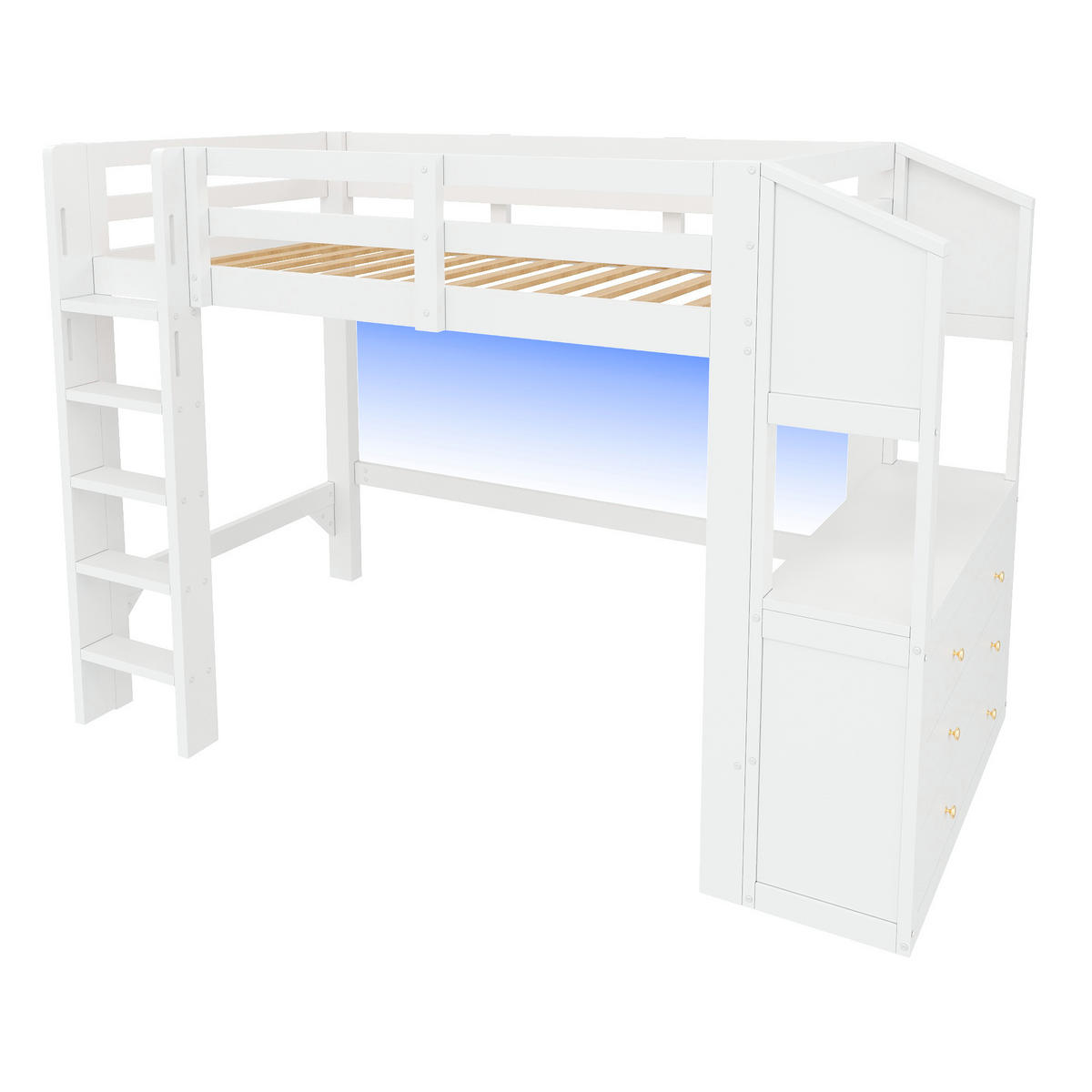 HOCHBETT weiß 90 × 200 cm aus Kiefernholz‑MDF mit 3 Schubladen und Regalen, LED‑Beleuchtung - Weiß, Holzwerkstoff (90/200cm) - Luhomfu
