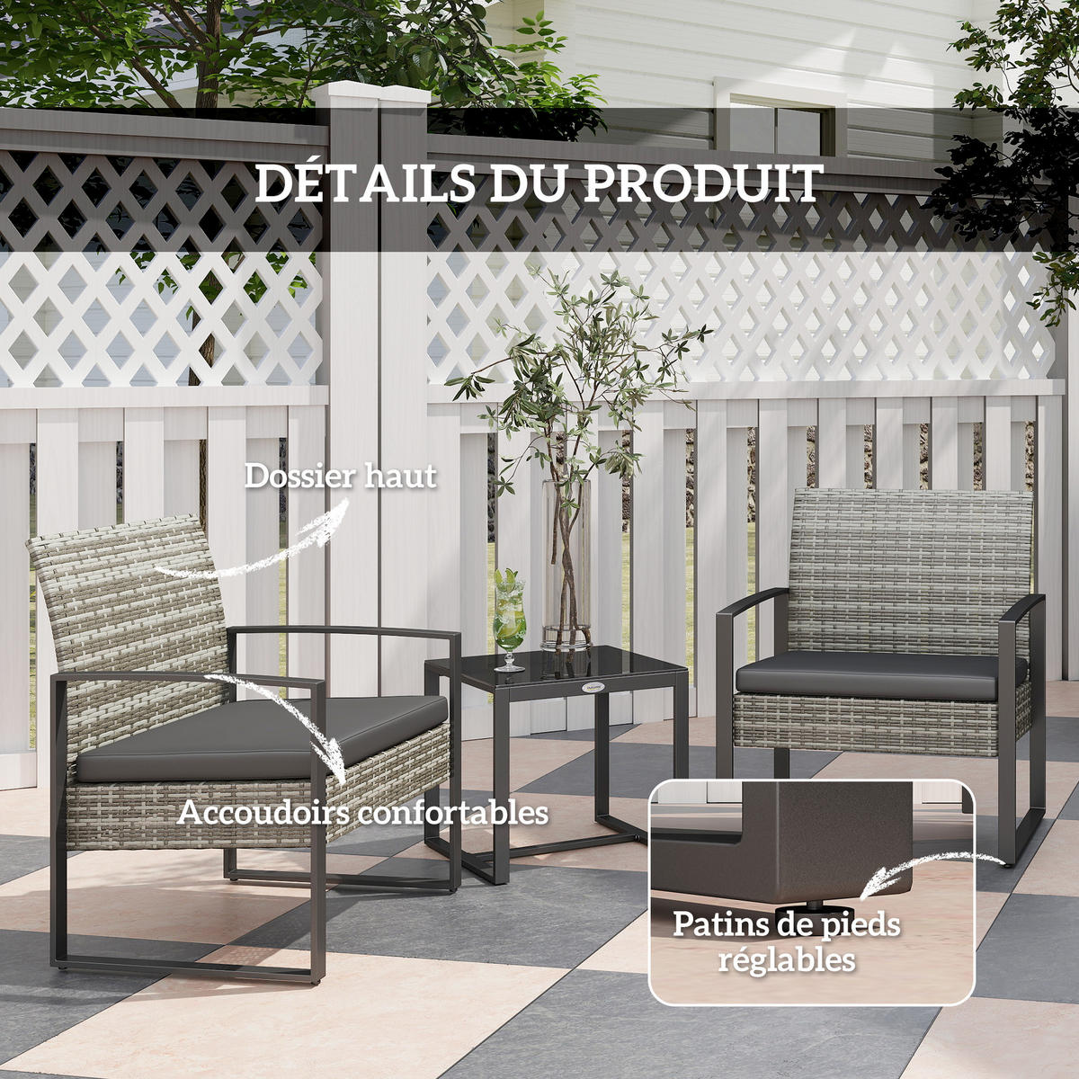 GARTENSET DE-13602 2 Stühle mit Kissen, Glastisch Hellgrau - Hellgrau, Metall - ComfortXL