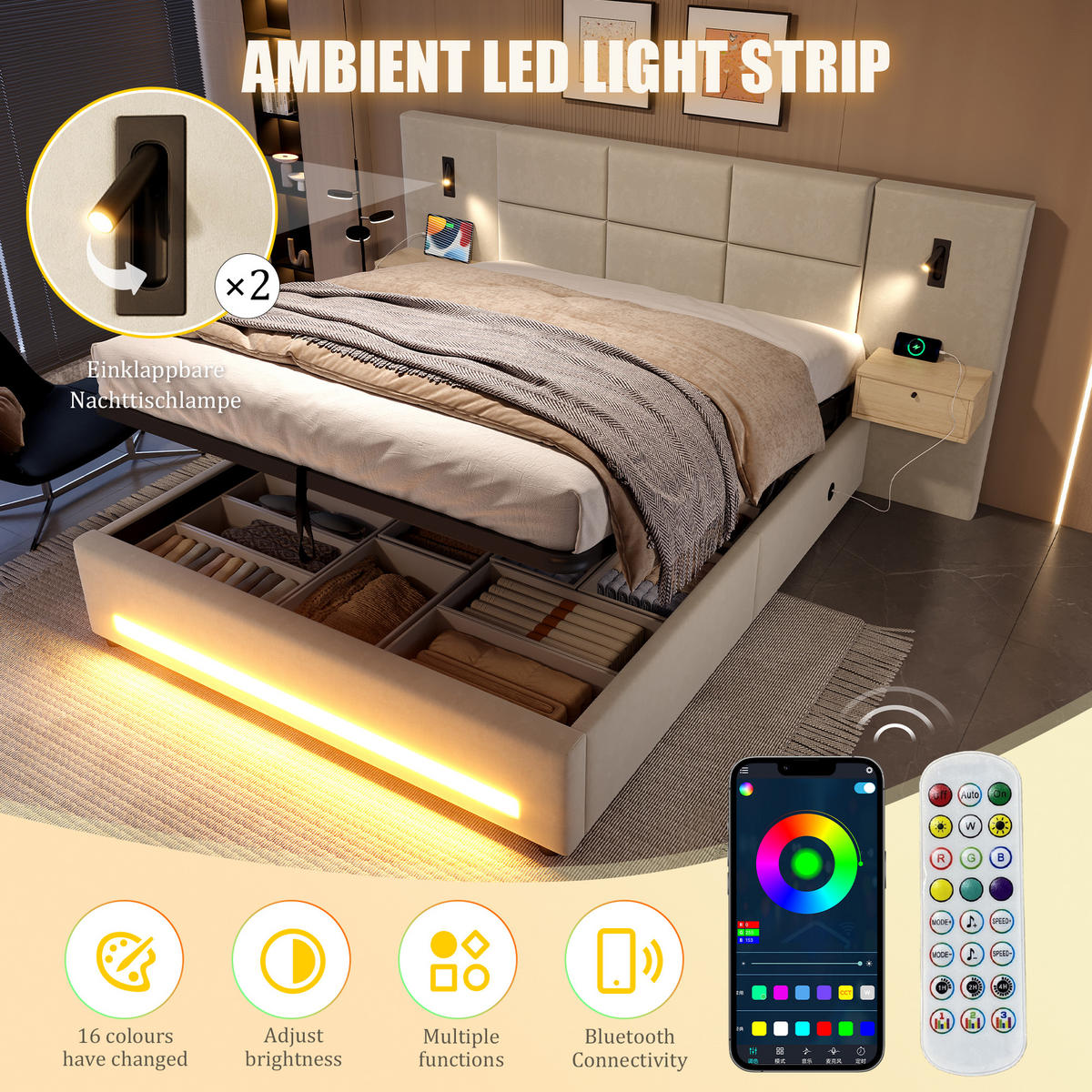 POLSTERBETT 180/200 cm Beige mit 2 Stauschubladen, LED-Nachtlicht und USB-C-Anschlüssen - Beige, Textil (180/200cm) - Oxeza
