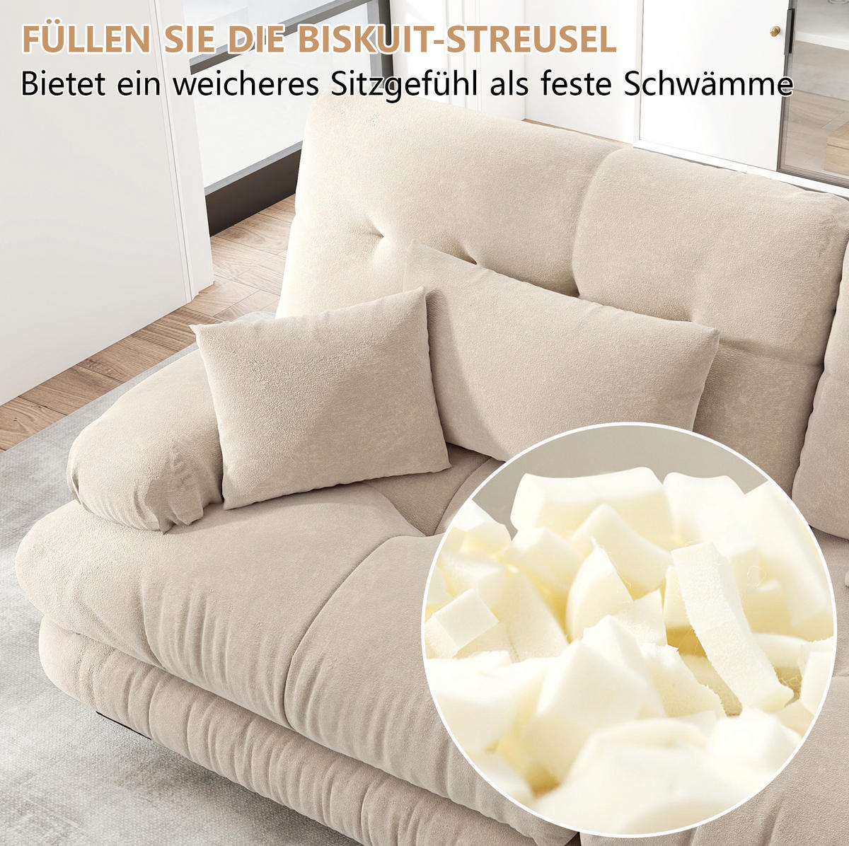 ECKSOFA in Hellbraun aus Chenille mit beweglichem Ottoman und Cloud-Komfort - Cappuccino, Textil (145/406cm) - Flora Grace