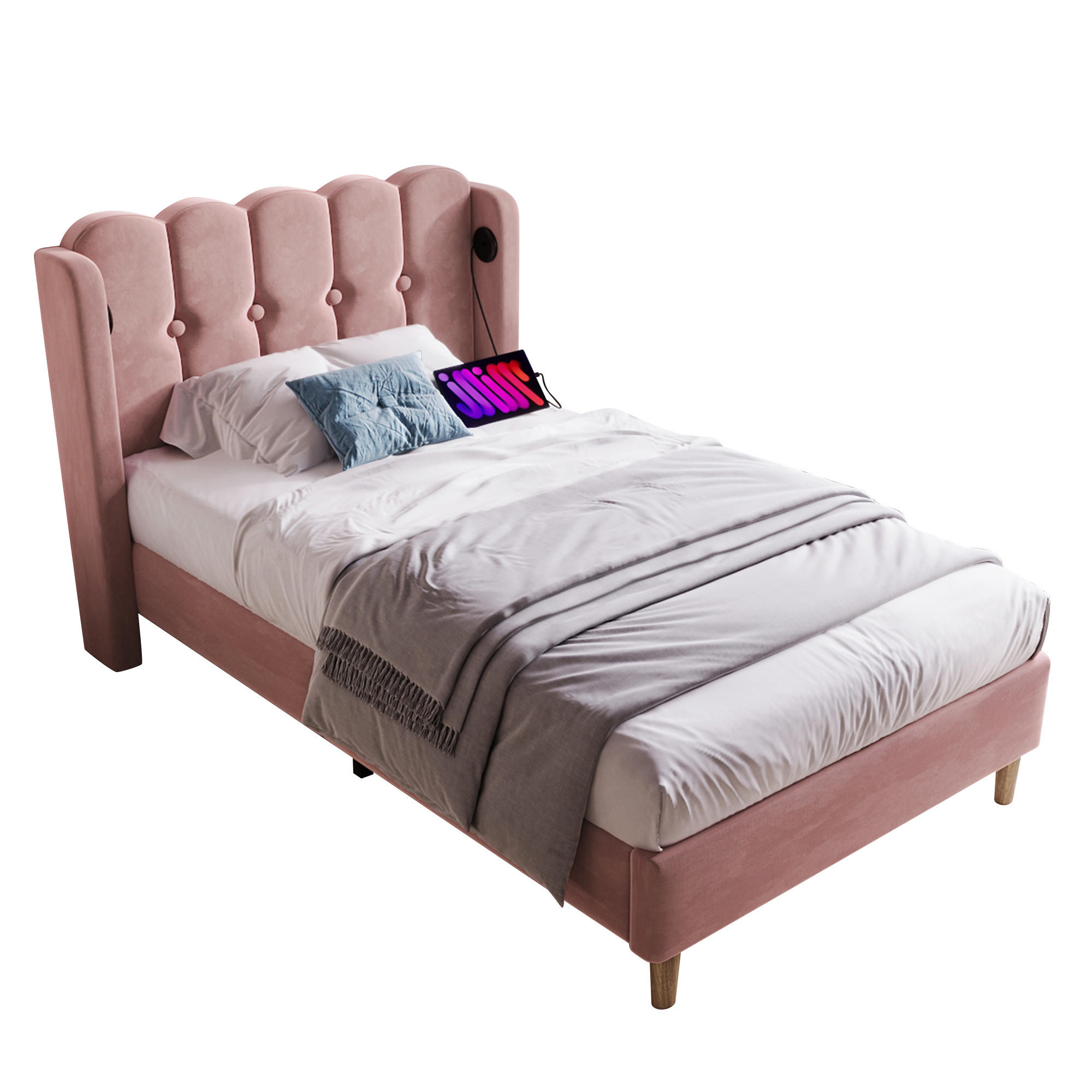 WISHDOR ČALOUNĚNÁ POSTEL 90/200 cm růžová samet s USB portem a Type-C