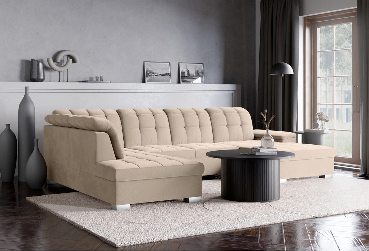 WOHNLANDSCHAFT Jamaal Beige Velours rechtsseitig - Beige/Schwarz, Textil (330/106/212cm) - Selsey