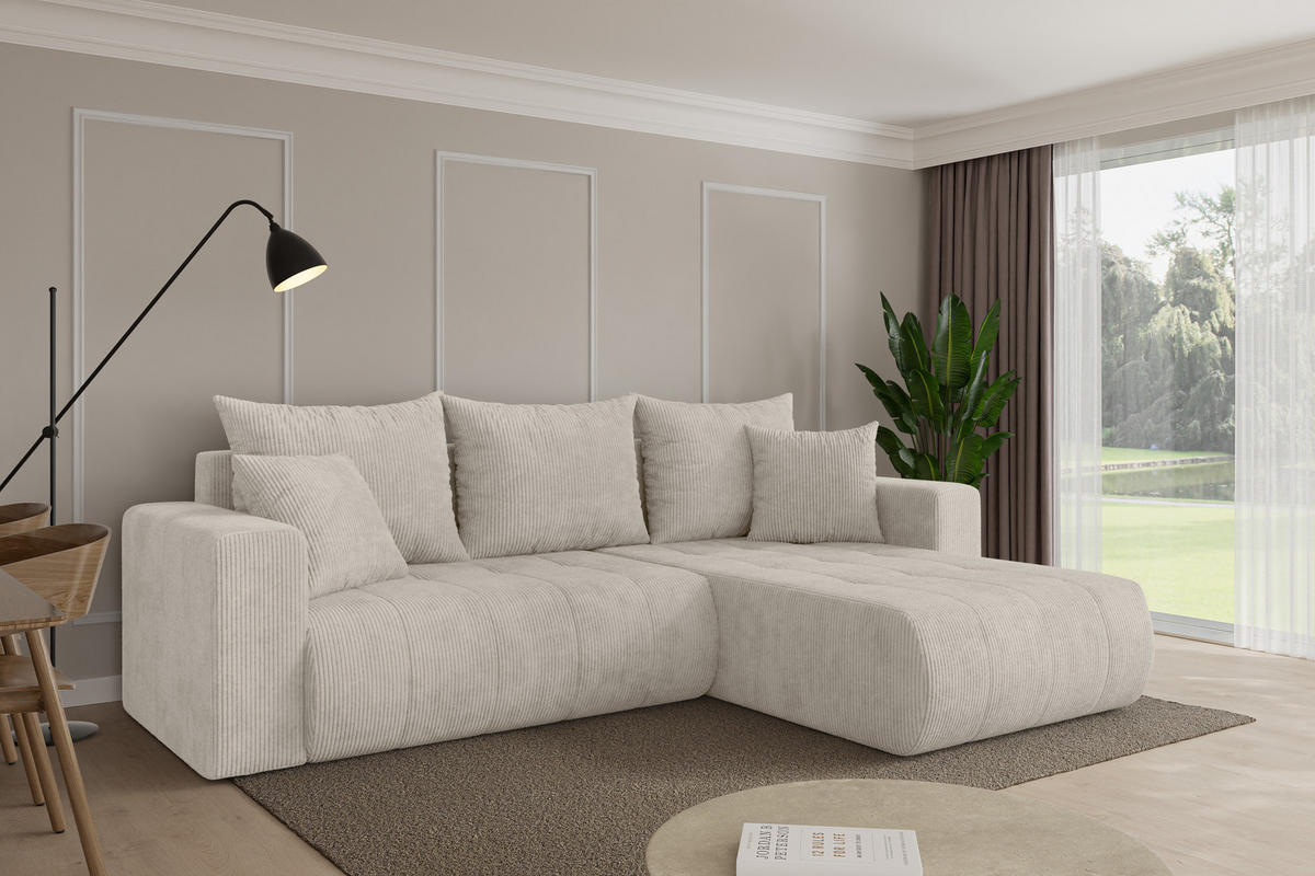 ROHOVÁ SEDAČKA s funkcí spaní, otoman vpravo MILA-L 277x194x86 krémová manšestr - černá/krémová, kompozitní dřevo/textil (277/194cm) - ALTDECOR