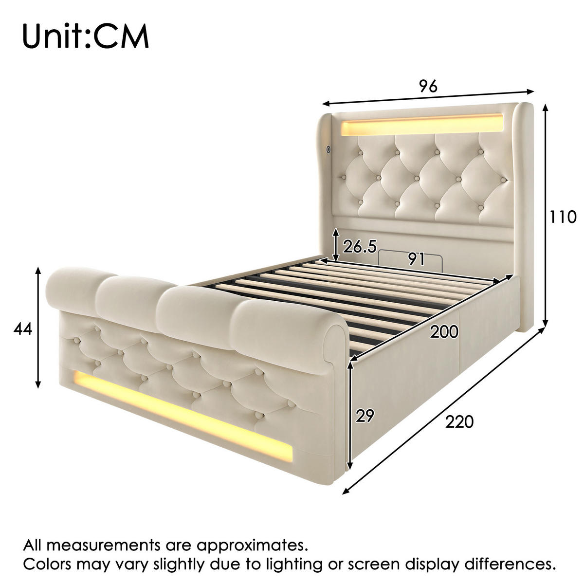 BETT mit LED und Stauraum 90x200 cm Samt Beige inkl. Matratze - Beige, Metall (90/200cm) - Meubliv