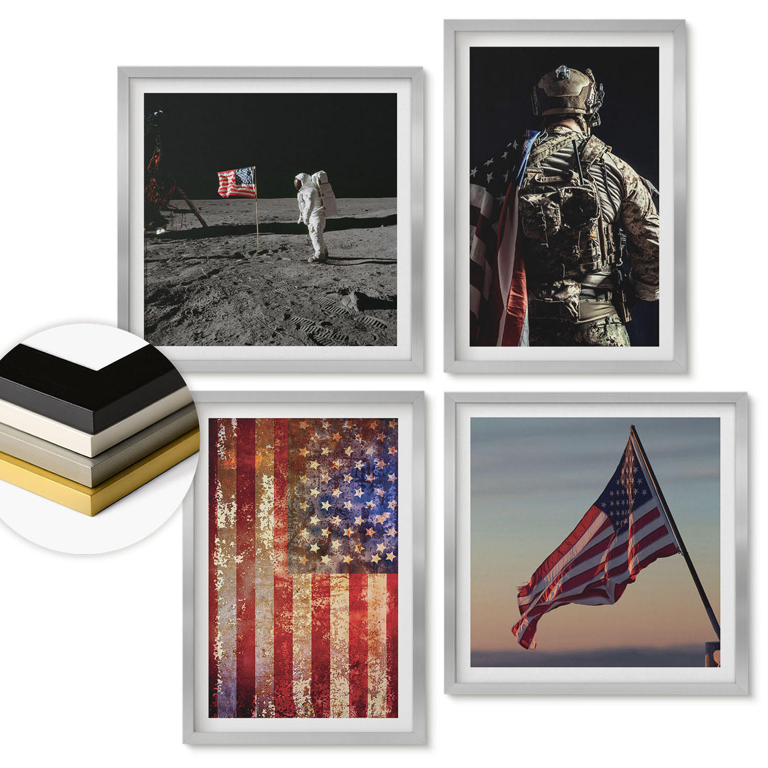 WANDBILDER 4er Set - 50x50 cm & 40x60 cm Silberner Rahmen - Amerikanische Symbole, USA-Flagge - Silberfarben, Kunststoff (50/50cm) - ArtPrintCave