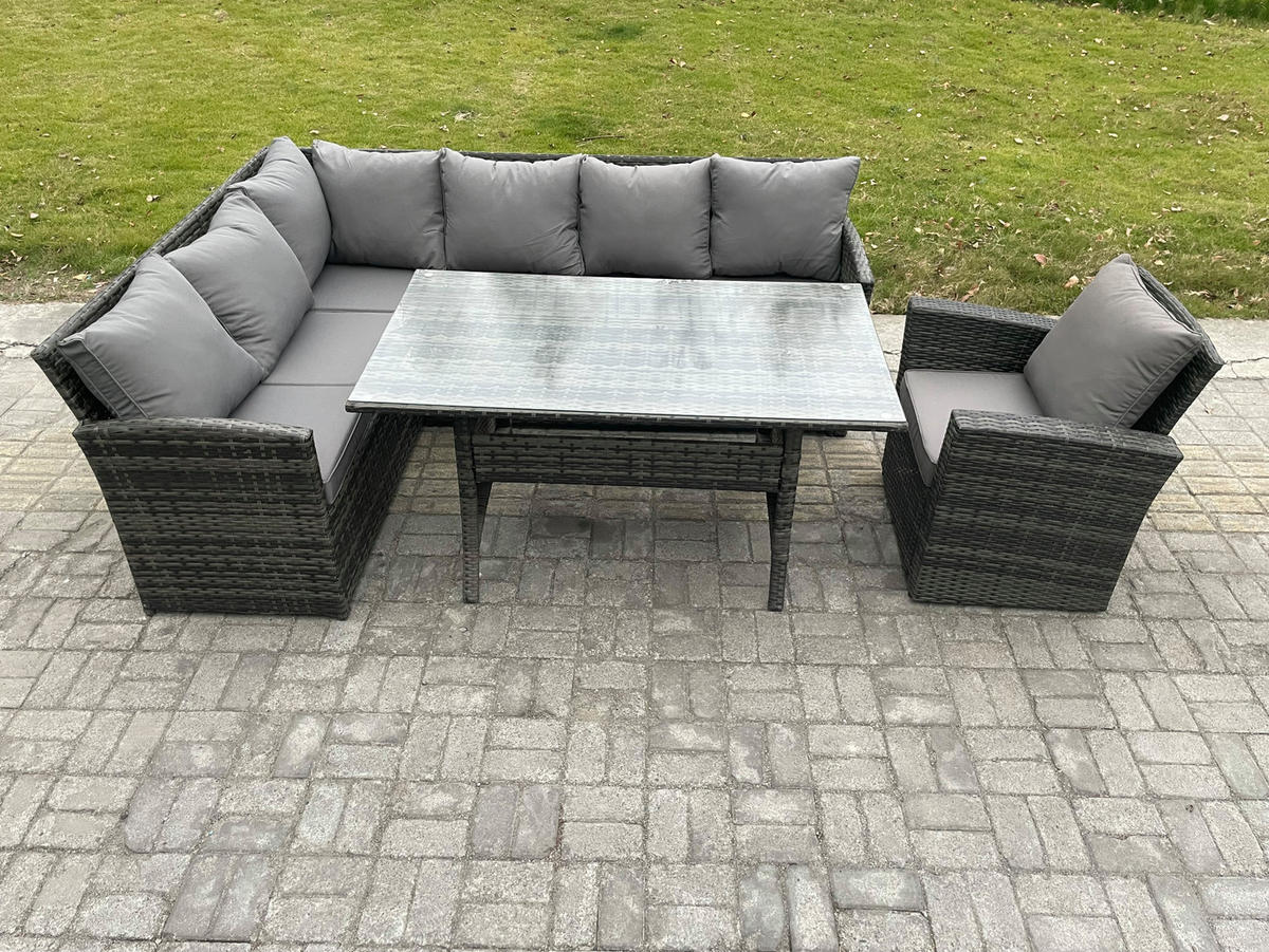 SITZGRUPPE mit Esstisch Polyrattan Dunkelgrau 7-Sitzer - Dunkelgrau/Grau, Glas/Kunststoff - Fimous