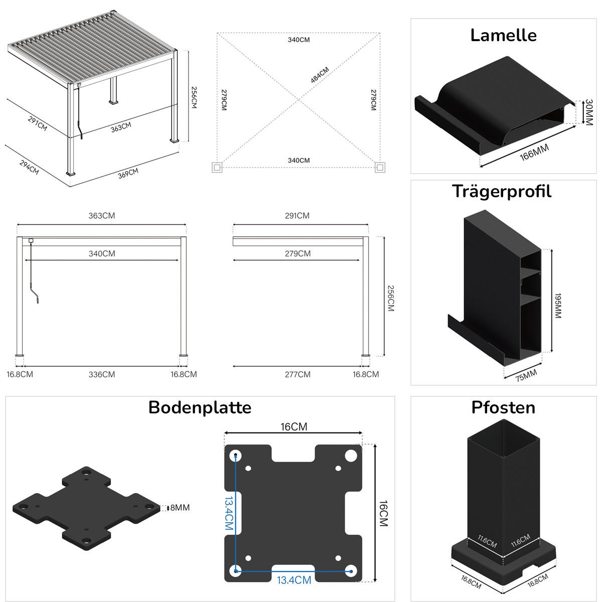 WANDPERGOLA Deluxe Terrassenüberdachung Aluminium 3 x 3,6 m anthrazit - Anthrazit, Metall (300/255/360cm) - WEIDE