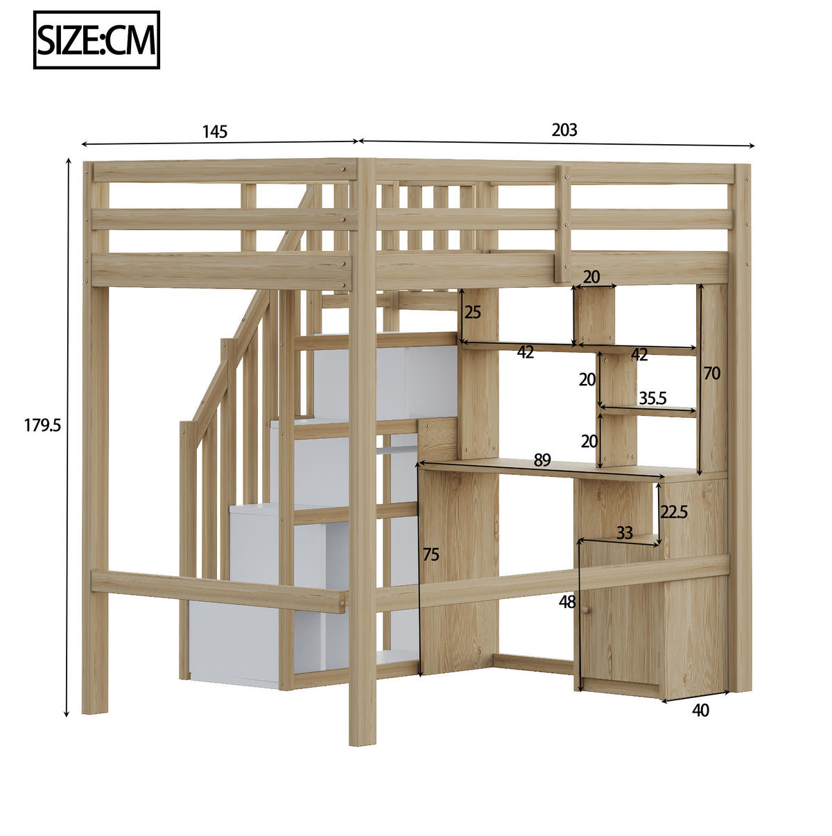 HOCHBETT aus Holz 90x200 cm Naturfarbe mit Schreibtisch, Regalen, Schränken und Treppe mit Stauraum - Naturfarben, Holzwerkstoff (140/200cm) - Modfu
