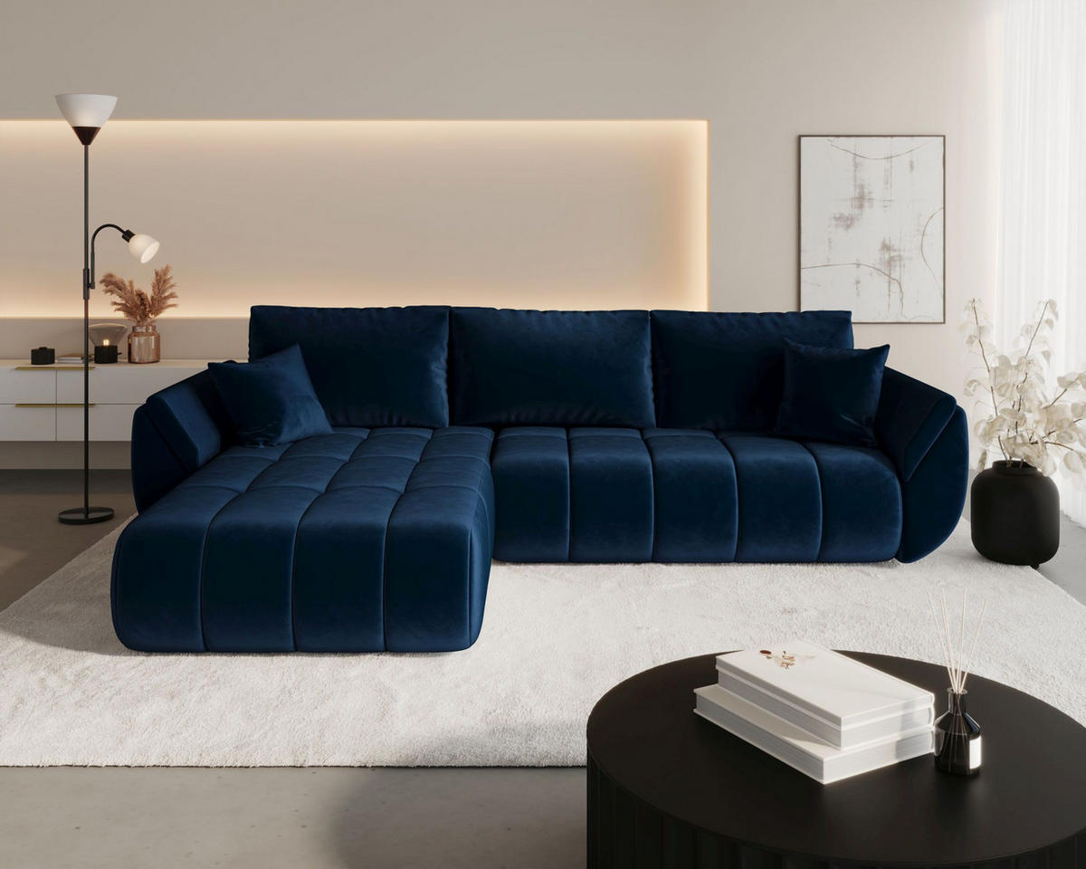 ECKSOFA SYDNEY PREMIUM links dunkelblau Velours Monolith 77 - Schlaffunktion, Bettkasten - Dunkelblau, Textil (280/184cm) - Cornero