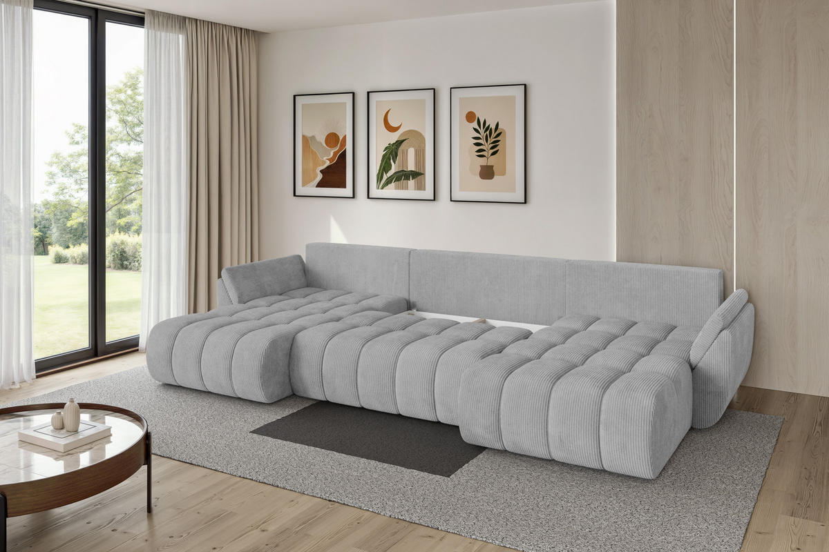 SEDACÍ SOUPRAVA DO U s funkcí spaní a úložným prostorem TOKO-U-v1 378x194x86 šedá manšestr - šedá/černá, kompozitní dřevo/textil (378/86/194cm) - ALTDECOR