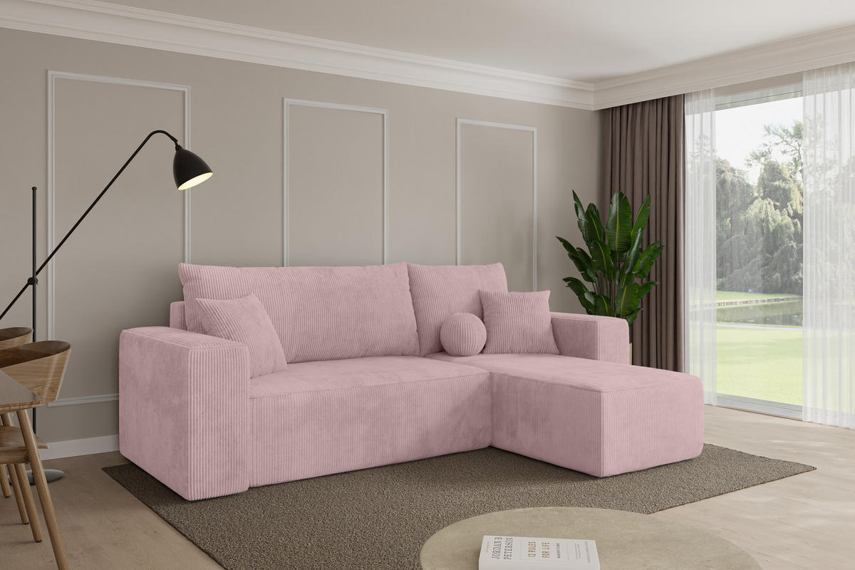 ROHOVÁ SEDAČKA s funkcí spaní, otoman vpravo SENO-L 249x139x85 růžová manšestr - růžová/černá, kompozitní dřevo/textil (249/139cm) - ALTDECOR