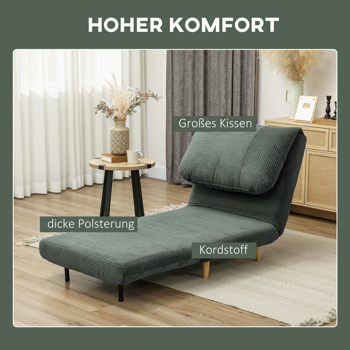 2-IN-1 Schlafsofa Schlafsessel Klappmatratze Gästebett Klappbett Grün - Naturfarben/Grün, Holz/Textil (89/83/82cm) - HOMCOM