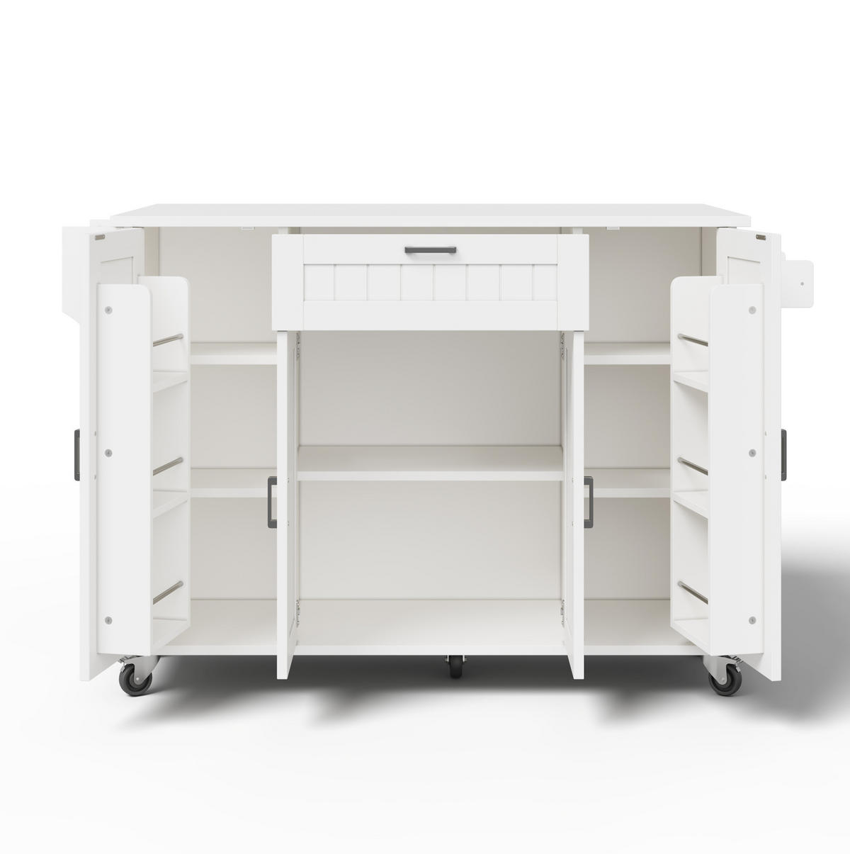 KÜCHENINSEL 120/45(70)/95 cm mit klappbarer Arbeitsplatte, Rollen, 4 Türen, Schublade und MDF-Korpus, Weiß - Weiß, Holzwerkstoff (120/95/70cm) - Redom