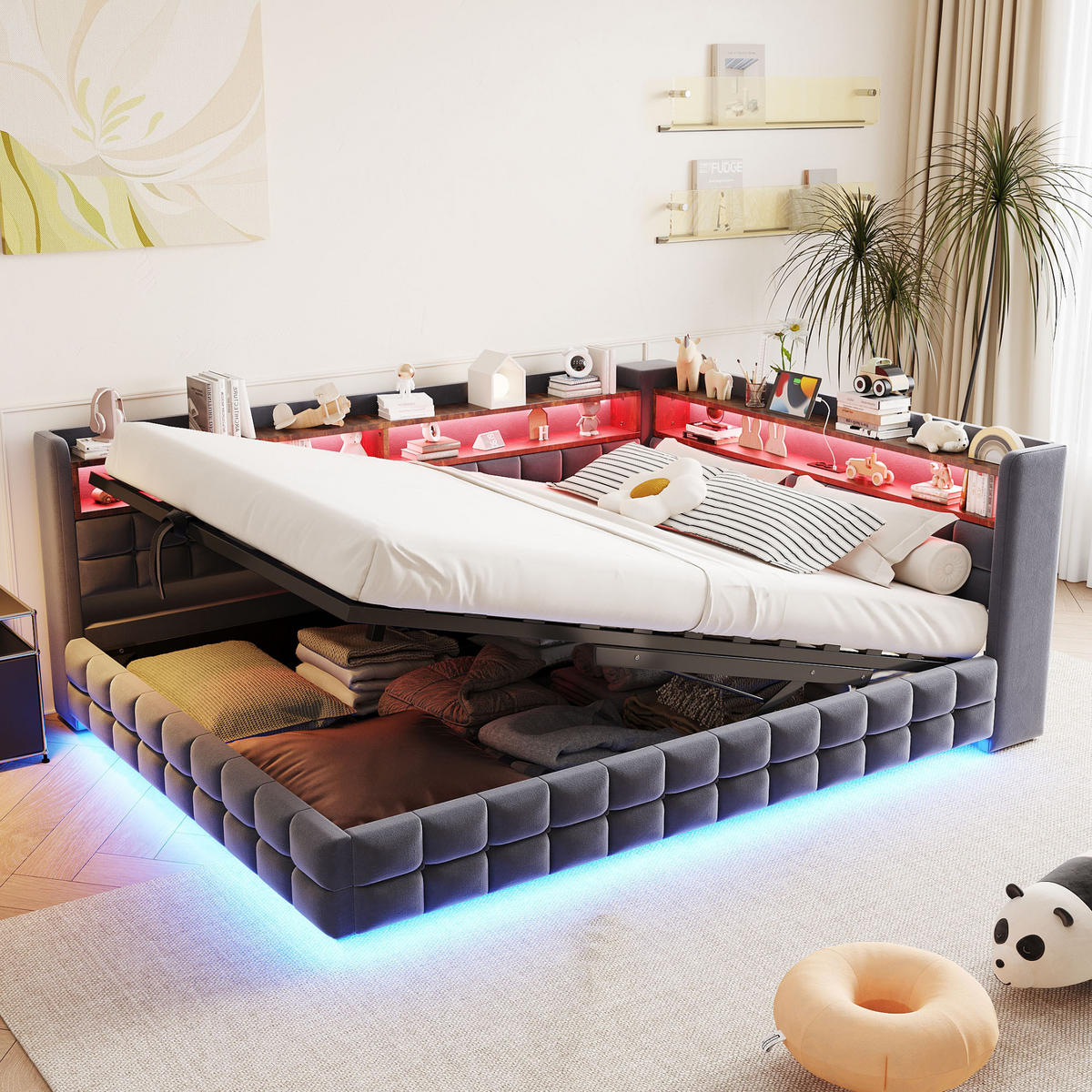 POLSTERBETT 140/200 cm in Grau Samt mit Bettkasten, LED und USB - Dunkelgrau, Holzwerkstoff/Textil (140/200cm) - WISHDOR