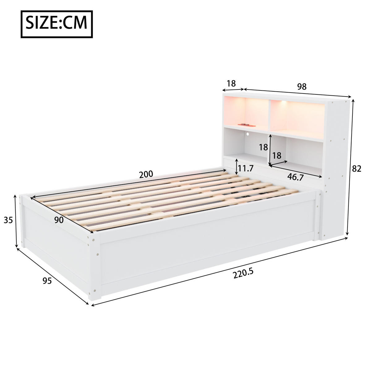 BETT 90/200 cm aus Holz mit Steckdose und LED-Lichtleiste, Weiß - Weiß, Holz (90/200cm) - OKMYHOME